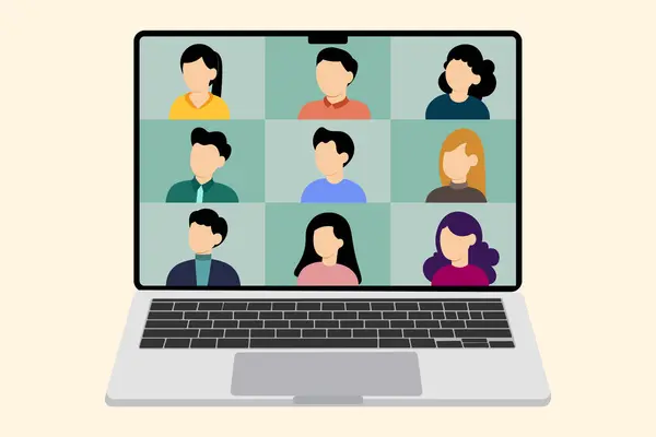 Video konferansı, insanların birbirine bağlanması, telekonferans, uzaktan çalışma, evden çalışma, iş vektörü illüstrasyonu ile çevrimiçi öğrenme veya buluşma