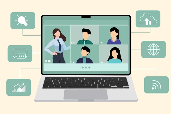 İş kadınları video konferansında konuşuyor, insanlar iletişim kuruyor, telekonferans, uzaktan çalışma, evden çalışma, vektör illüstrasyonu ile çevrimiçi öğreniyor veya buluşuyorlar.