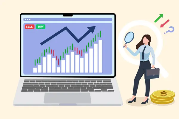 İş kadını hisse senetlerini emek ile satar, iş fırsatları arar, tablet ekranda borsa grafiği çizer, elektronik cihazlarda şamdan şeması satar, küresel borsa endeksi, Forex