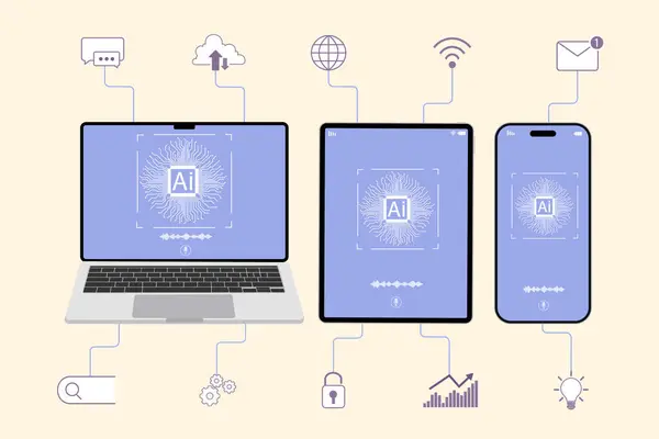 Cihaz, dizüstü bilgisayar, tablet, akıllı telefon, Üretici AI sohbet, ai ticaret, makine öğrenme, iş illüstrasyon vektörü.