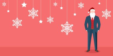 Mavi takım elbiseli akıllı Noel Baba karakteri, Noel kartları, afişler, etiketler ve etiketler için kırmızı arka plan. Mutlu Noeller ve mutlu yıllar vektör illüstrasyonu.