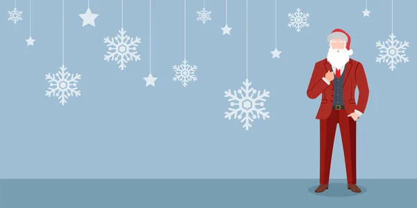  Kırmızı takım elbiseli akıllı Noel Baba karakteri, Noel kartları, afişler, etiketler ve etiketler için mavi arka plan. Mutlu Noeller ve mutlu yıllar vektör illüstrasyonu.