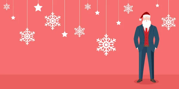 Mavi takım elbiseli akıllı Noel Baba karakteri, Noel kartları, afişler, etiketler ve etiketler için kırmızı arka plan. Mutlu Noeller ve mutlu yıllar vektör illüstrasyonu.