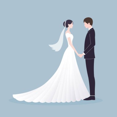 Damat ve gelin düğünde. düğün çifti, davetiye, düğün davetiyesi, evlilik töreni, yeni evli çiftin posteri, romantik çift, gelinlik, vektör illüstrasyonu.