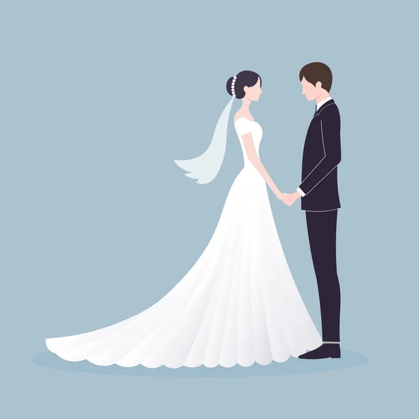 Damat ve gelin düğünde. düğün çifti, davetiye, düğün davetiyesi, evlilik töreni, yeni evli çiftin posteri, romantik çift, gelinlik, vektör illüstrasyonu.