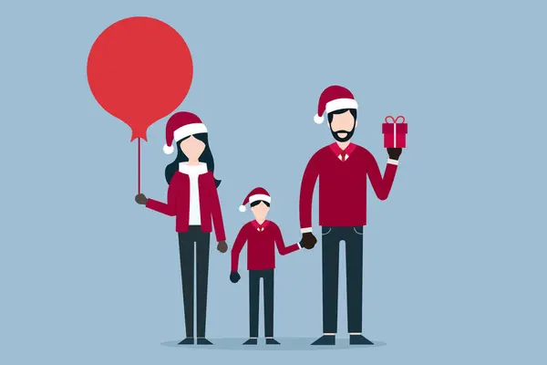 Noel 'de mutlu bir aile, koca bir hediye tutuyor ve oğlunun elini tutuyor, karısı kırmızı bir balon tutuyor, xmas, Noel insanı, resimli resimler, vektör..