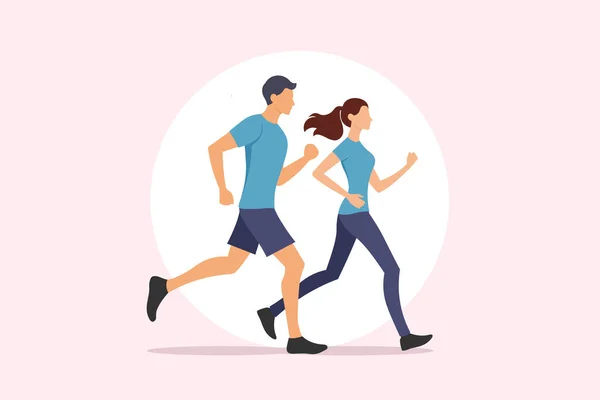 Erkek ve kadın çift spor yarışına katılıyor ya da maraton koşuyor. Koşan bir koşucu. İnsanlar egzersiz yapar ve sağlıklı bir yaşam tarzına sahip olurlar. sevgi Vektörü illüstrasyonu.