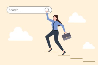 İş kadınlarının lideri iş fırsatları arıyor. İş stratejisi, SEO, araştırma işi pazarlama. düz vektör illüstrasyonu.