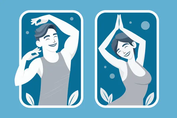 Genç çift lotus yogası pozları, yoga yapan sağlıklı erkek ve kadın, eş yoga konsepti, uluslararası yoga günü, vektör illüstrasyonu..