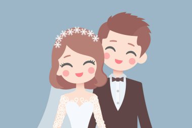 Düğün seremonisi, düğünde mutlu şirin bir gelin ve damat genç bir çiftin evlenmesi, sevgililer günü ve evlilik davetiyesi konsepti, aşk vektör çizimi.