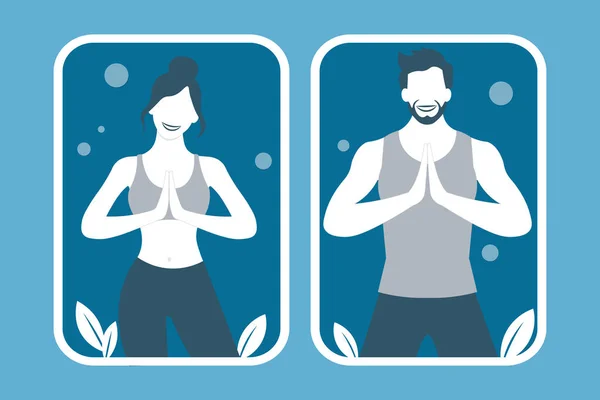 Genç çift yoga pozu, yoga yapan sağlıklı erkek ve kadın, yoga konsepti, uluslararası yoga günü, aşk illüstrasyonu..