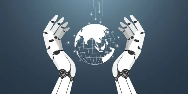 Robot el kavramı bir çizgi küresi tutuyor. Yapay Zeka Dünya 'nın kontrolünü ele geçiriyor. Dünya, iletişim, çalışma, yaratma, çizme ve kitap yazmak için yapay zeka teknolojisini kullanıyor..