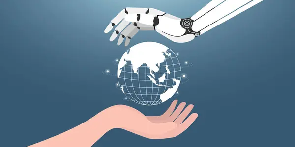 Dünya 'yı tutan insan elleri ve yapay zeka robot elleri. Yapay Zeka Makinesi Öğrenme İnsanların dünyayla ilgilenmesine yardımcı oluyor Makine Öğrenme, yapay zekanın her şey olduğu bir dünya..