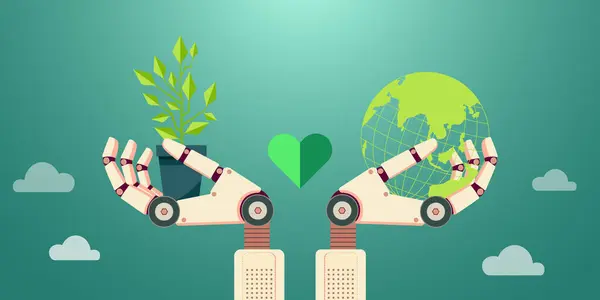 Robotun elinde yeşil bitki ya da ağaç fidanları ve yeşil Dünya, Tarım ve Doğa Koruma Yapay Zeka Teknolojisi, Temiz Enerji Yapay Zeka Teknolojisi,.