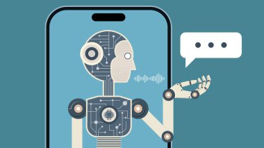 Chatbot robotu Smartphone ekranında çevrimiçi yardım sağlıyor, müşteri hizmetlerinde yapay zeka ve web sitesinde konuşma desteği, Ai teknolojisi yardımı konsepti, Vector illüstrasyonu.