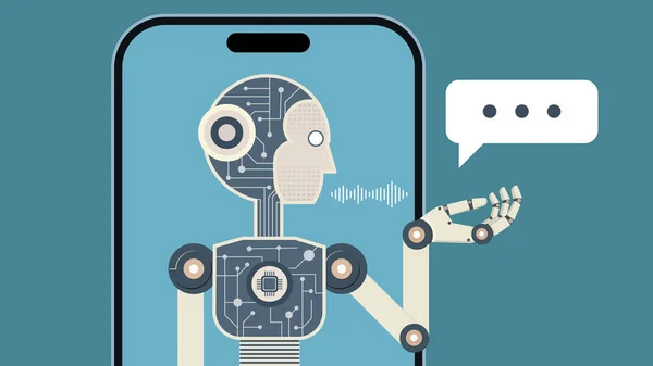 Chatbot robotu Smartphone ekranında çevrimiçi yardım sağlıyor, müşteri hizmetlerinde yapay zeka ve web sitesinde konuşma desteği, Ai teknolojisi yardımı konsepti, Vector illüstrasyonu.