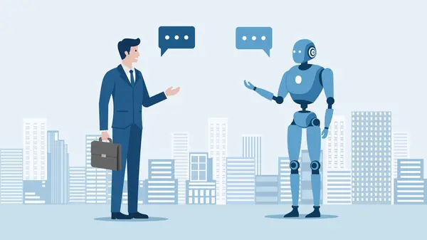 Yapay zeka ve Ai teknolojileri yardım kavramı, android modern robotla konuşan iş adamı araştırma işi planı yapan, sohbet robotları kullanan insan görüntü, makale, görüntü, program üreten
