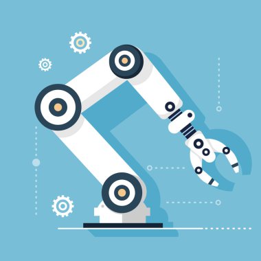 Mekanik el veya robot kol, endüstriyel yapay zeka robotu manipülatörleri, üretim hatlarında yapay zekanın uygulanması, düz vektör çizimi.