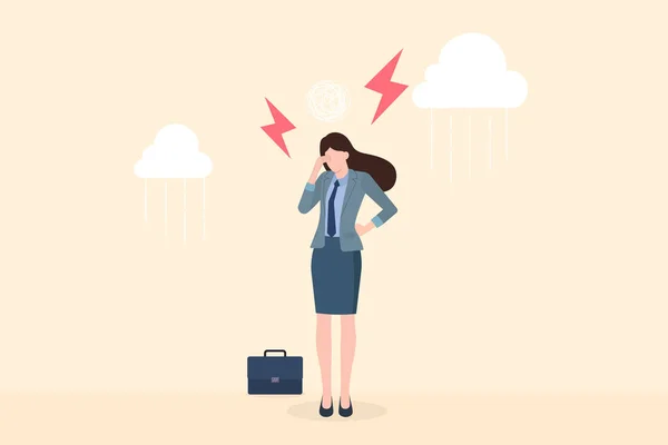 Ed Business Woman 'ın başı ağrıyor, fırtına, fırtına bulutu ve şimşek, iş sorunu kavramı, iş baskısı, baş ağrısı, migren, stres işi, mutsuz iş kadını, vektör çizimi.