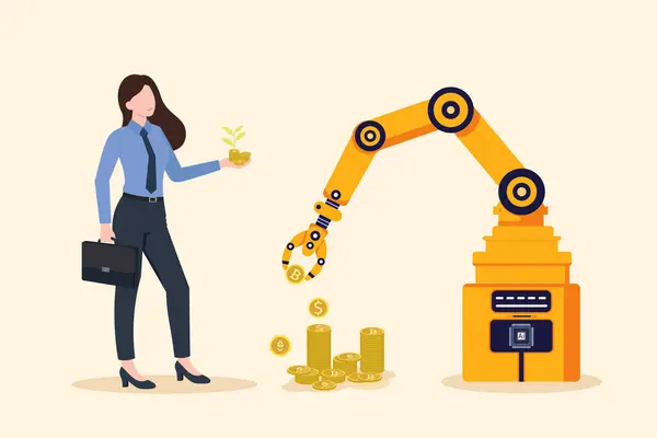 Borsa veya kripto para yatırımı kavramı verileri analiz etmek için yapay zekayı kullanır, iş kadını kripto para, bitcoin, vektör illüstrasyonunu çıkarmak için yapay zeka kullanan mekanik bir kol kullanır..