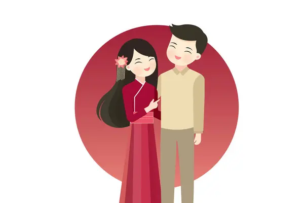  Sevgililer günü düğün vektörü illüstrasyonunda Çinli kostümlü romantik çift.