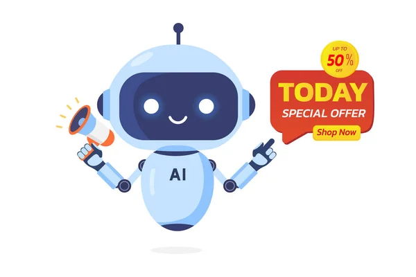 Yapay zeka robotu, müşterilere indirimli tanıtım yapmak için megafonu, satış ve sunumu desteklemek için afişi elinde tutuyor. Bugün, pazarlama konsepti için yapay zeka, Vektör illüstrasyonu.