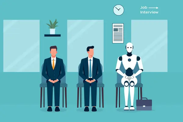 İş adamları ve yapay zeka robotu iş görüşmesi için bekliyorlar. İnsanlar ve yapay zeka daha iyi bir gelecek yaratmak için birlikte çalışıyorlar. düz vektör çizelgesi.