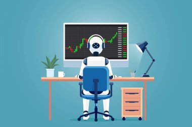 AI ticaret robotları borsa verilerini analiz eder ve ticaret yapar. Kripto para birimi, menkul kıymetler, yapay zeka ile ön x ticareti kavramı. Yapay zeka robotu yatırım yapmak için bilgisayar kullanıyor.