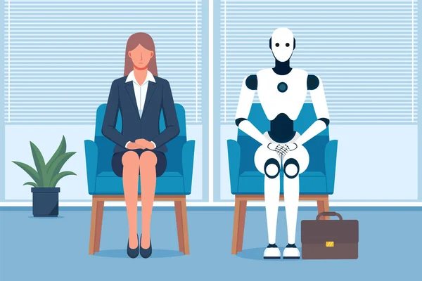 İş kadını ve yapay zeka robot ofiste iş görüşmesi için bekliyorlar. Çalışan veya ofis çalışanlarının geleceği insanlar ve yapay zekalar arasında bir işbirliği olacaktır. Düz vektör illüstrasyonu.