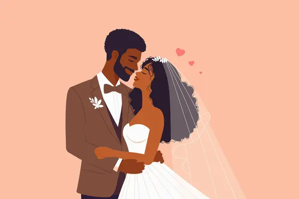 Afrika kökenli Amerikalı gelin ve damat öpüşüyor, karı koca düğün kıyafetleri içinde, sevgililer günü için evli çift kavramı, ya da aşk kutlaması, vektör aşığı çizimleri.
