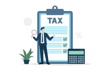 İş adamı vergi formunu veya Vergi İdaresi ve Finansal varlık, hesap makinesi, arkaplan veya bayrak için vergi belgeleri, düz vektör illüstrasyonu.