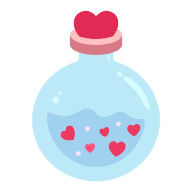 Aşk iksiri şişesi kalp şeklinde kırmızı bir başlık ve yüzen kalpler, Sevgililer Günü için şirin vektör stili minimum tasarım, romantizm, şefkat ve aşk kavramları, beyaz arka planda izole edilmiş ikon