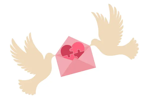Pembe zarfı ve kırmızı kalp bulmacası olan iki güvercin Sevgililer Günü için şirin vektör stili minimum tasarım romantizm, sevgi, bağlantı ve aşk kavramları, beyaz arka planda izole edilmiş ikon.