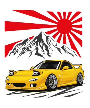 Japon bayrağıyla yarışan araba.