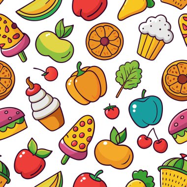 Vibrant Food Icons Seamless Pattern for Designs clipart