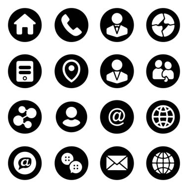 Siluet Temiz vektör simgesi paketi: minimalist telefon, ev, posta, dünya, konum kodu, ana hatlı kullanıcı sembolleri ve iş kartı için sağlam varyasyonlar