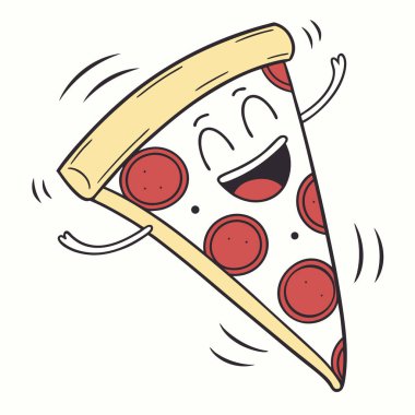 Neşeli bir çizgi film pizza dilimi karakteri neşeyle dans eder. Menüler, restoran promosyonları ya da yemekle ilgili grafiklere ihtiyaç duyan her proje için mükemmel. Vektör biçimi canlı ve ölçeklenebilir görüntüler sağlar. Bu sevimli ve eğlenceli tasarım çocuk için ideal.