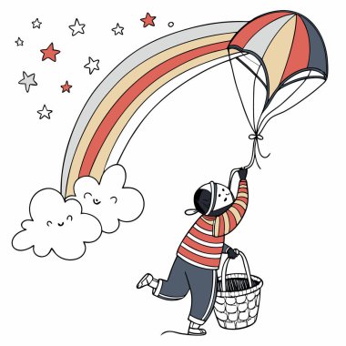Gökkuşağı bulutları ve yıldızların arasında sıcak hava balonunda süzülen mutlu bir çocuğun garip bir tasviri. Çocuk kitapları, web siteleri ya da sihirli bir maceraya ihtiyaç duyan her proje için mükemmel.. 
