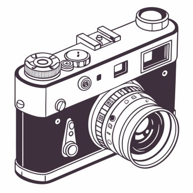 Modaya uygun tek renkli klasik bir 35 mm menzil bulucu kameranın detaylı bir vektör çizimi. Klasik, eski bir estetik gerektiren projeler için ideal, bu grafik klasik film fotoğrafçılığı için nostaljiyi çağrıştırıyor. Bloglar ve web siteleri için mükemmel