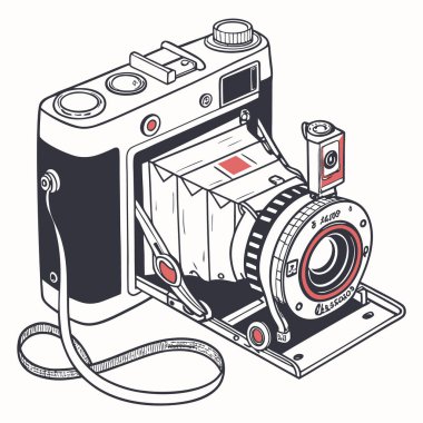 Siyah-beyaz yapılmış klasik bir klasik klasik fotoğraf makinesinin detaylı bir çizimi. Nostaljik, geçmişe dönük bir his gerektiren projeler için mükemmel. Bu grafik, antik fotoğraf ekipmanlarının karmaşık mekanizmasını ve tasarım unsurlarını tasvir ediyor..