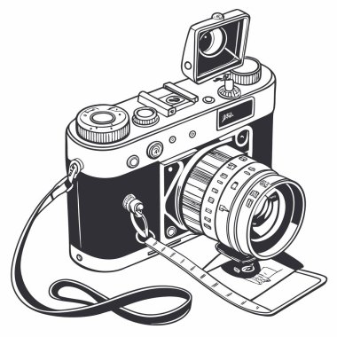Eski kamera ekipmanlarının yüksek çözünürlüklü vektör çizimi. Retro temalı tasarımlar için mükemmel. Beyaz arka planda izole edilmiş klasik bir kamera ve merceğin ayrıntılı ve gerçekçi bir yansıması. Grafik tasarım projeleri, web sitesi için ideal