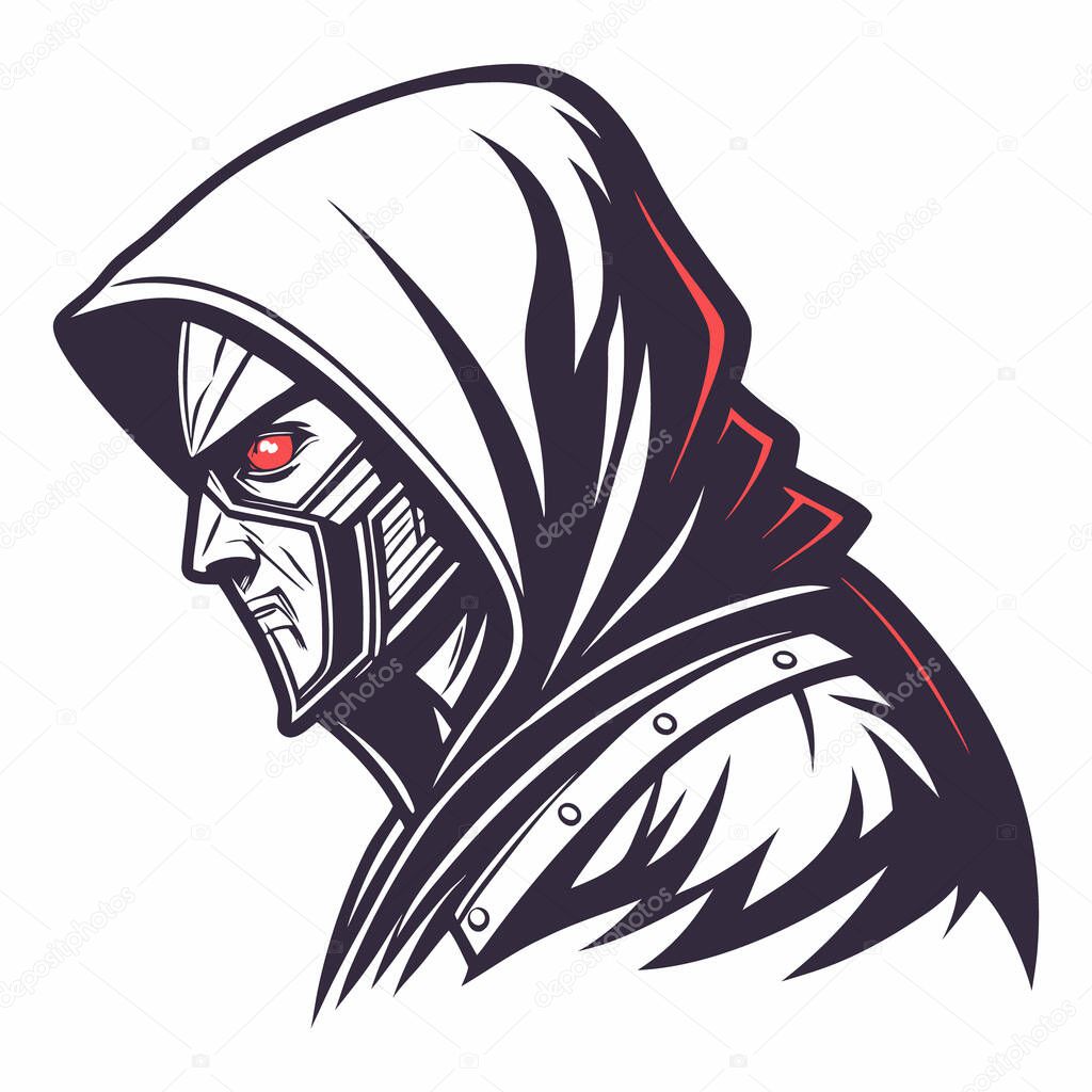 Mysterious hooded warrior profile, intense red eyes gleaming.  Dark knight vector illustration, perfect for fantasy game design, logo, or emblem.  Powerful and menacing silhouette.