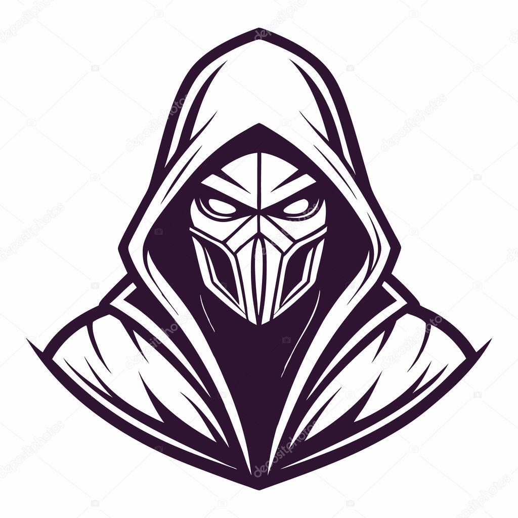 A stylized vector illustration of a mysterious, hooded vigilante. Perfect for graphic design, logos, and projects needing a powerful, enigmatic feel.  Monochrome artwork, isolated on white.