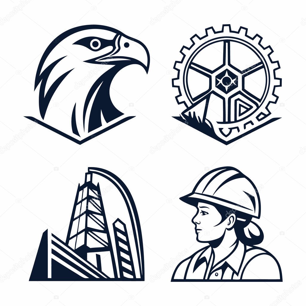 Four dark blue emblems on white background depict an eagle head, a gear, a building, and a female construction worker in profile.  The style is simple and bold.