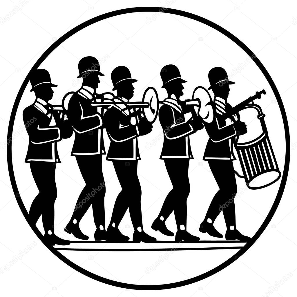 Five black silhouettes of marching band members in uniform hats playing brass instruments and a drum within a circular white frame against a white background. The style is simple and graphic.
