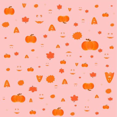 Cadılar Bayramı. Hayaletlerin, balkabaklarının, örümcek ağlarının ve yaprakların olduğu parlak bir desen. Vektör illüstrasyonu