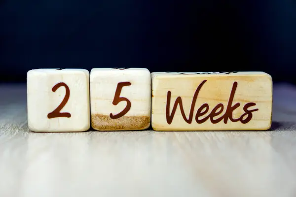 25 week pregnancy age milestone written on a wooden cube with a black background