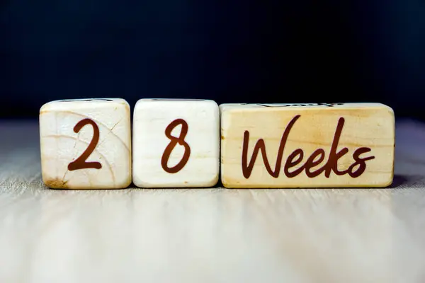 28 week pregnancy age milestone written on a wooden cube with a black background