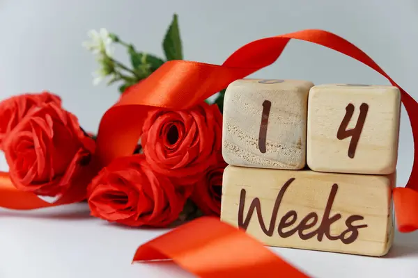 14 haftalık gebelik yaşı dönüm noktası kırmızı güller ve kurdeleler ve beyaz bir arka plan ile tahta bir küp üzerine yazılmış.