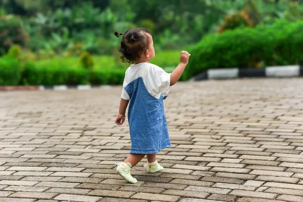 Güzel bir Asyalı çocuk yeşil bir yolda duruyor.